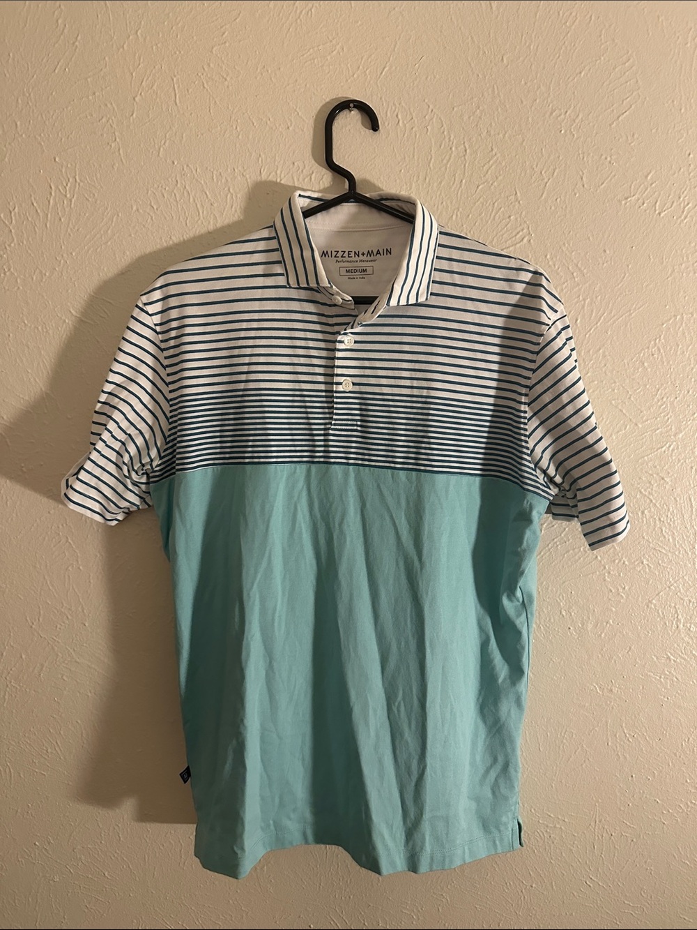 Mizzen+Main White & Navy Striped Polo with Aqua Colorblock